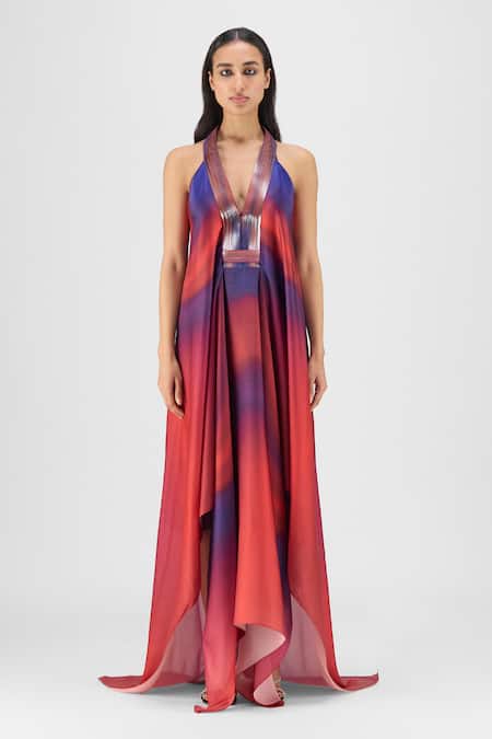 Amit Aggarwal Pleated Watercolor Fluid Dress 