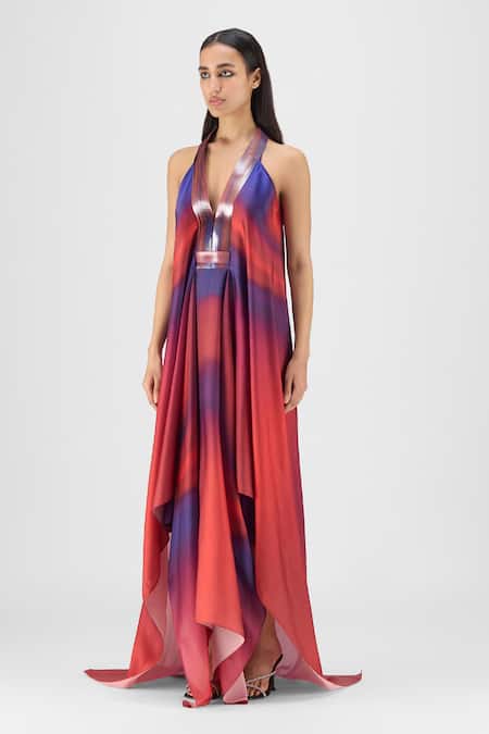 Buy_Amit Aggarwal_Red Chiffon Halter Neck, Pleated Watercolor Fluid Dress _Online_at_Aza_Fashions
