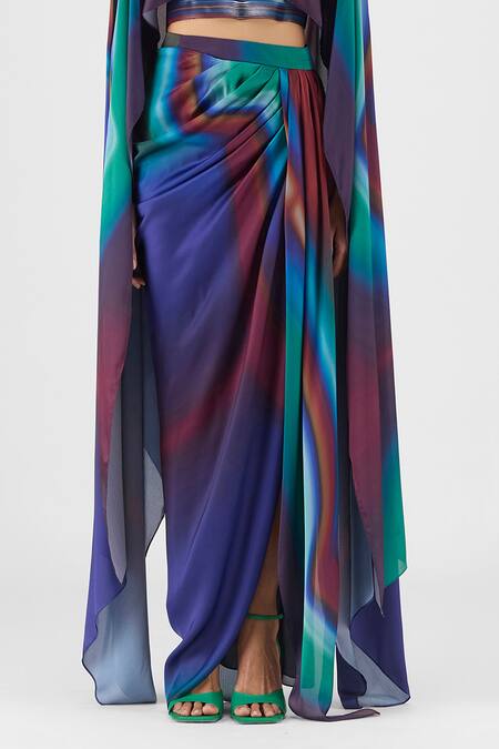 Amit Aggarwal Multi Color Chiffon Boat Neck Metallic Watercolor Cape And Skirt Set Online at Aza Fashions Amit Aggarwal_Multi Color Chiffon Boat Neck Metallic Watercolor Cape And Skirt Set _Online_at_Aza_Fashions