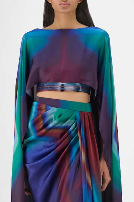 Buy Amit Aggarwal Multi Color Chiffon Boat Neck Metallic Watercolor Cape And Skirt Set Online at Aza Fashions Buy_Amit Aggarwal_Multi Color Chiffon Boat Neck Metallic Watercolor Cape And Skirt Set _Online_at_Aza_Fashions