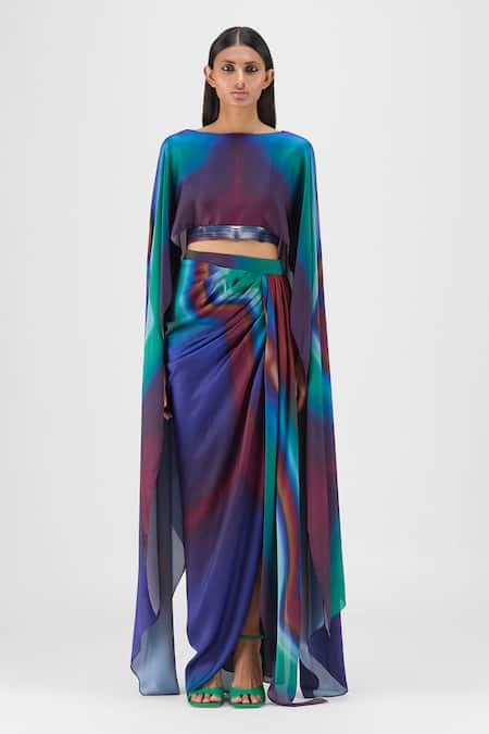 Amit Aggarwal Metallic Watercolor Cape & Skirt Set