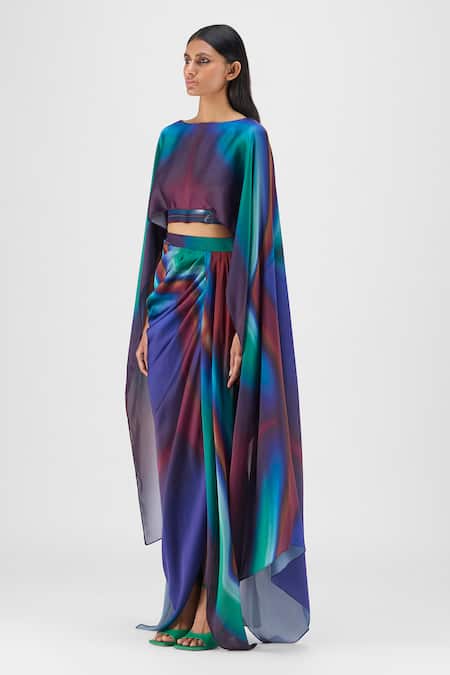 Shop Amit Aggarwal Multi Color Chiffon Boat Neck Metallic Watercolor Cape And Skirt Set Online at Aza Fashions Shop_Amit Aggarwal_Multi Color Chiffon Boat Neck Metallic Watercolor Cape And Skirt Set _Online_at_Aza_Fashions