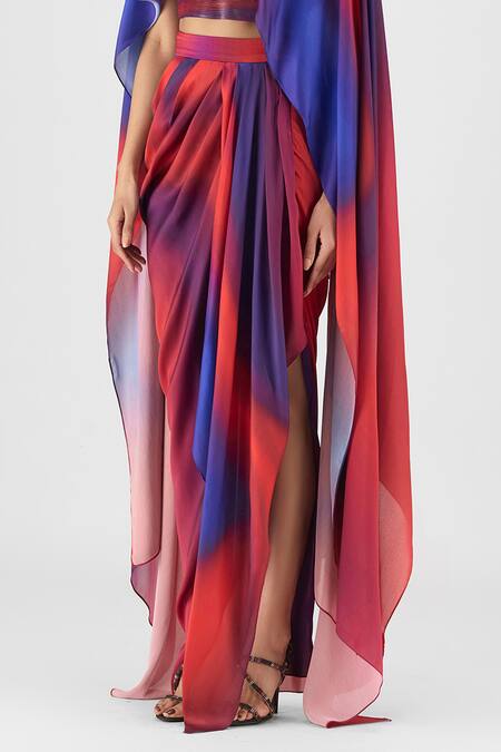 Amit Aggarwal Red Chiffon, Polyester Boat Neck Metallic Watercolor Cape And Skirt Set Online at Aza Fashions Amit Aggarwal_Red Chiffon, Polyester Boat Neck Metallic Watercolor Cape And Skirt Set _Online_at_Aza_Fashions