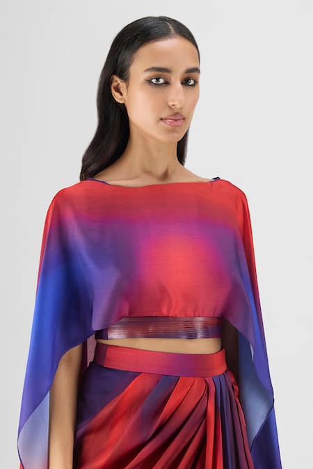 Shop Amit Aggarwal Red Chiffon, Polyester Boat Neck Metallic Watercolor Cape And Skirt Set Online at Aza Fashions Shop_Amit Aggarwal_Red Chiffon, Polyester Boat Neck Metallic Watercolor Cape And Skirt Set _Online_at_Aza_Fashions