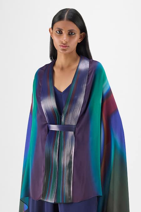 Amit Aggarwal Green Metallic Thread Open Neck Watercolor Structured Cape Set Online at Aza Fashions Amit Aggarwal_Green Metallic Thread Open Neck Watercolor Structured Cape Set _Online_at_Aza_Fashions