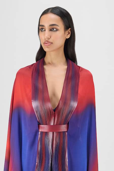 Amit Aggarwal Red V-neck Metallic Watercolor Structured Cape Online at Aza Fashions Amit Aggarwal_Red V-neck Metallic Watercolor Structured Cape _Online_at_Aza_Fashions