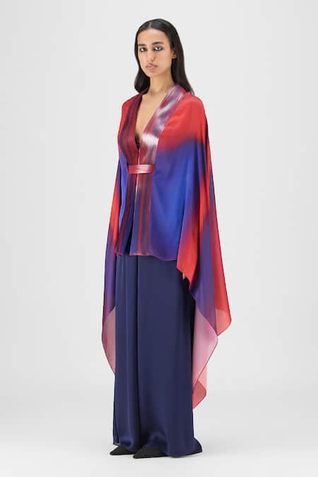 Shop Amit Aggarwal Red V-neck Metallic Watercolor Structured Cape Online at Aza Fashions Shop_Amit Aggarwal_Red V-neck Metallic Watercolor Structured Cape _Online_at_Aza_Fashions