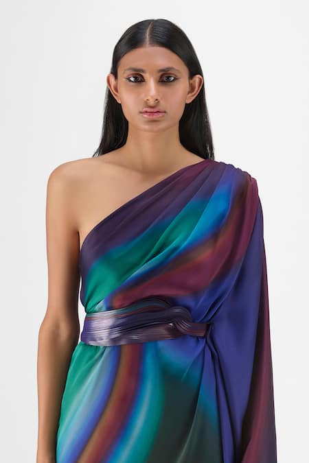 Amit Aggarwal Multi Color Chiffon, Polyester One Shoulder Metallic Watercolor Dress Online at Aza Fashions Amit Aggarwal_Multi Color Chiffon, Polyester One Shoulder Metallic Watercolor Dress _Online_at_Aza_Fashions
