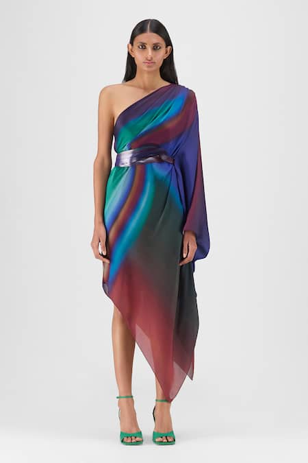 Amit Aggarwal Metallic One Shoulder Watercolor Dress