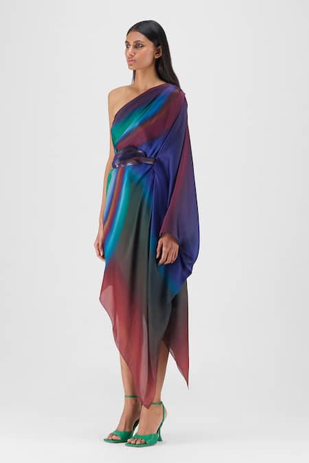 Buy Amit Aggarwal Multi Color Chiffon, Polyester One Shoulder Metallic Watercolor Dress Online at Aza Fashions Buy_Amit Aggarwal_Multi Color Chiffon, Polyester One Shoulder Metallic Watercolor Dress _Online_at_Aza_Fashions