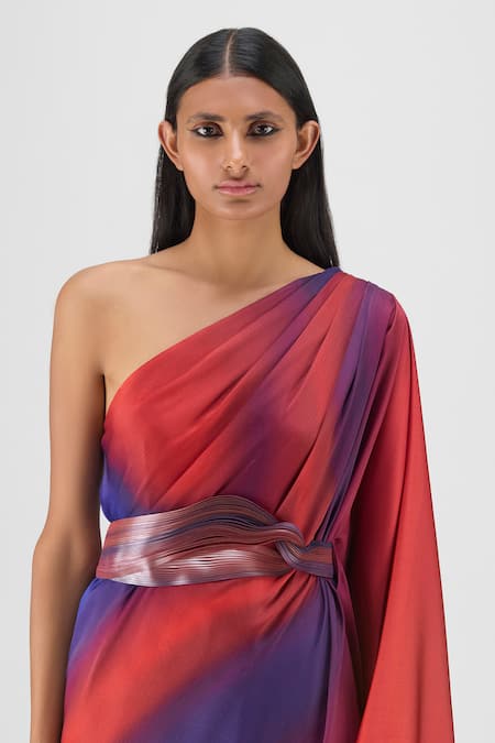 Amit Aggarwal Red Chiffon One Shoulder Metallic Watercolor Dress Online at Aza Fashions Amit Aggarwal_Red Chiffon One Shoulder Metallic Watercolor Dress _Online_at_Aza_Fashions