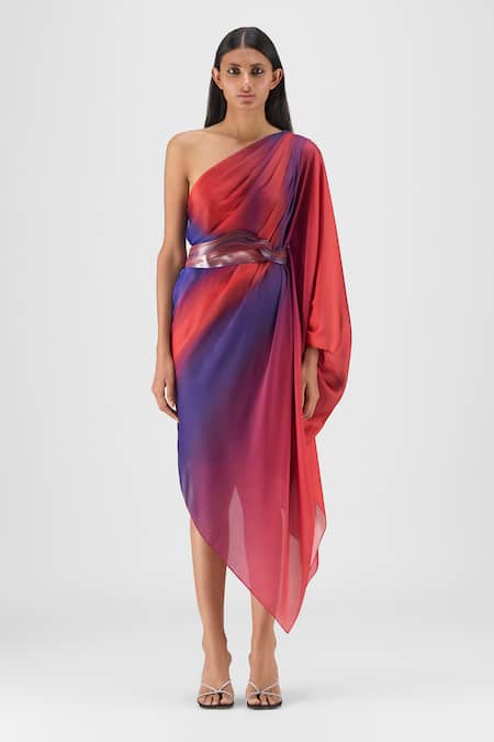 Amit Aggarwal Metallic One Shoulder Watercolor Dress