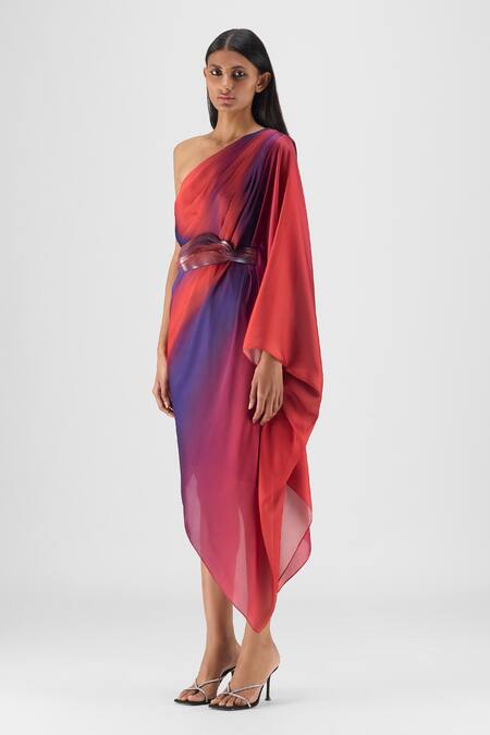 Buy Amit Aggarwal Red Chiffon One Shoulder Metallic Watercolor Dress Online at Aza Fashions Buy_Amit Aggarwal_Red Chiffon One Shoulder Metallic Watercolor Dress _Online_at_Aza_Fashions