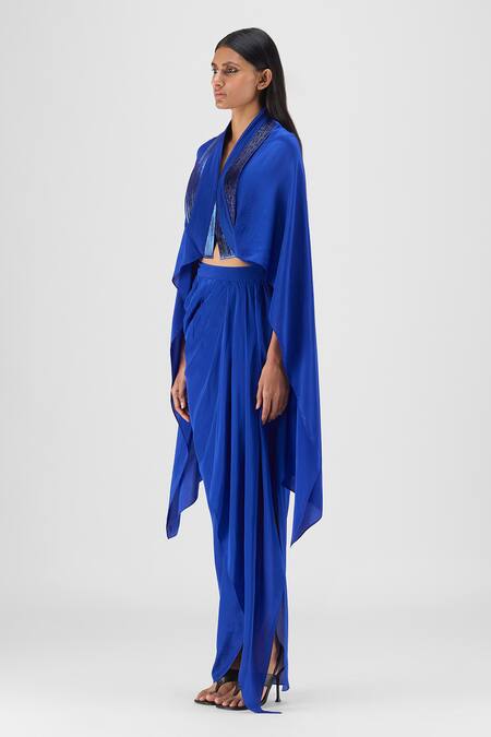 Amit Aggarwal Blue Crepe, Viscose Open Neck Metallic Structured Cape And Skirt Set Online at Aza Fashions Amit Aggarwal_Blue Crepe, Viscose Open Neck Metallic Structured Cape And Skirt Set _Online_at_Aza_Fashions