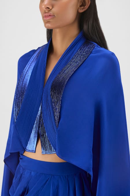 Shop Amit Aggarwal Blue Crepe, Viscose Open Neck Metallic Structured Cape And Skirt Set Online at Aza Fashions Shop_Amit Aggarwal_Blue Crepe, Viscose Open Neck Metallic Structured Cape And Skirt Set _Online_at_Aza_Fashions