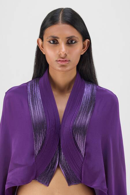 Shop Amit Aggarwal Purple Crepe, Viscose V-neck Metallic Structured Cape And Skirt Set Online at Aza Fashions Shop_Amit Aggarwal_Purple Crepe, Viscose V-neck Metallic Structured Cape And Skirt Set _Online_at_Aza_Fashions