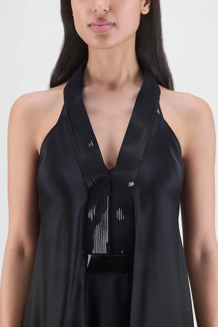 Amit Aggarwal Black Chiffon Halter Neck, Metallic Layered Dress Online at Aza Fashions Amit Aggarwal_Black Chiffon Halter Neck, Metallic Layered Dress _Online_at_Aza_Fashions