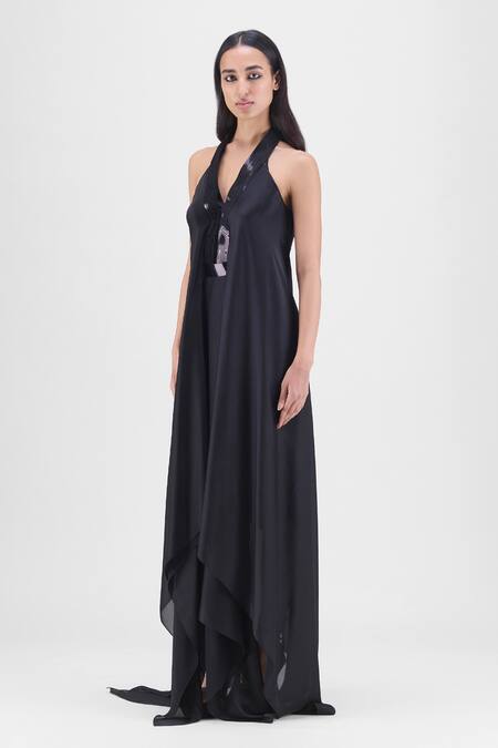 Buy Amit Aggarwal Black Chiffon Halter Neck, Metallic Layered Dress Online at Aza Fashions Buy_Amit Aggarwal_Black Chiffon Halter Neck, Metallic Layered Dress _Online_at_Aza_Fashions