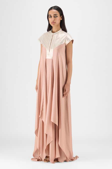 Amit Aggarwal Rose Gold Chiffon, Polyester Metallic Thread Collared Panelled Dress Online at Aza Fashions Amit Aggarwal_Rose Gold Chiffon, Polyester Metallic Thread Collared Panelled Dress _Online_at_Aza_Fashions