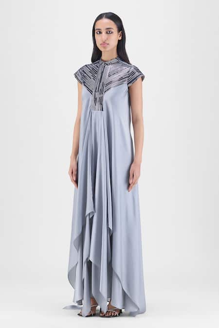 Amit Aggarwal Gray Chiffon, Polyester Metallic Thread Mandarin Collar Panelled Dress Online at Aza Fashions Amit Aggarwal_Gray Chiffon, Polyester Metallic Thread Mandarin Collar Panelled Dress _Online_at_Aza_Fashions