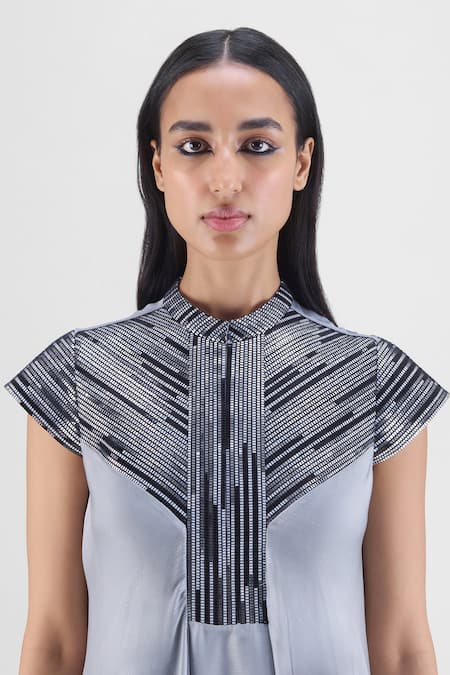 Buy Amit Aggarwal Gray Chiffon, Polyester Metallic Thread Mandarin Collar Panelled Dress Online at Aza Fashions Buy_Amit Aggarwal_Gray Chiffon, Polyester Metallic Thread Mandarin Collar Panelled Dress _Online_at_Aza_Fashions