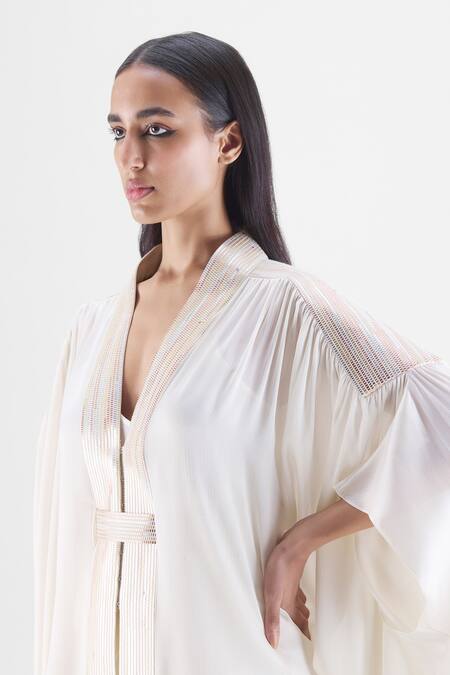 Amit Aggarwal_Cream Chiffon V-neck Metallic Structured Cape And Skirt Set _Online_at_Aza_Fashions