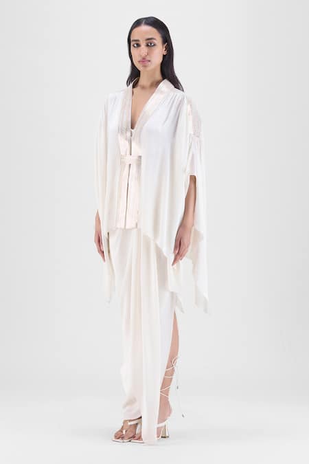 Buy_Amit Aggarwal_Cream Chiffon V-neck Metallic Structured Cape And Skirt Set _Online_at_Aza_Fashions