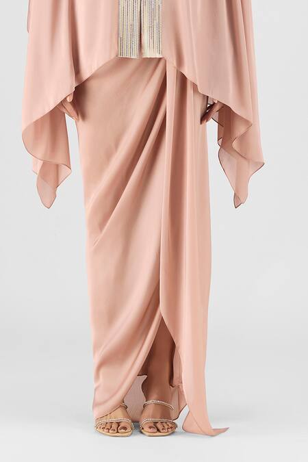 Amit Aggarwal Rose Gold Chiffon, Polyester V-neck, Open Metallic Structured Cape And Skirt Set Online at Aza Fashions Amit Aggarwal_Rose Gold Chiffon, Polyester V-neck, Open Metallic Structured Cape And Skirt Set _Online_at_Aza_Fashions
