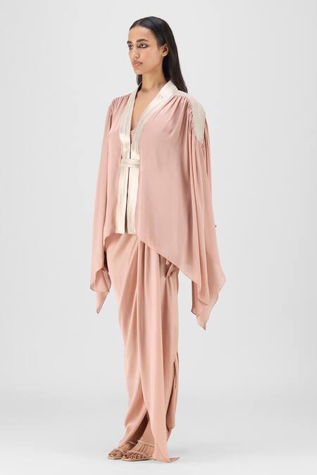 Buy Amit Aggarwal Rose Gold Chiffon, Polyester V-neck, Open Metallic Structured Cape And Skirt Set Online at Aza Fashions Buy_Amit Aggarwal_Rose Gold Chiffon, Polyester V-neck, Open Metallic Structured Cape And Skirt Set _Online_at_Aza_Fashions