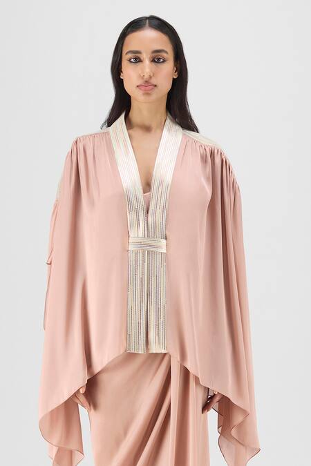 Shop Amit Aggarwal Rose Gold Chiffon, Polyester V-neck, Open Metallic Structured Cape And Skirt Set Online at Aza Fashions Shop_Amit Aggarwal_Rose Gold Chiffon, Polyester V-neck, Open Metallic Structured Cape And Skirt Set _Online_at_Aza_Fashions