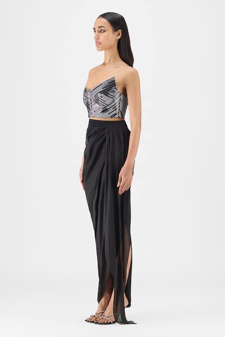 Amit Aggarwal Black Chiffon, Polyester Handwoven Metallic Bustier And Draped Skirt Set Online at Aza Fashions Amit Aggarwal_Black Chiffon, Polyester Handwoven Metallic Bustier And Draped Skirt Set _Online_at_Aza_Fashions