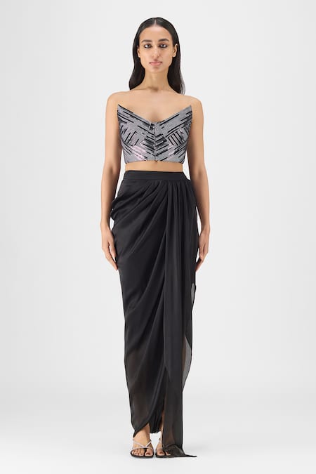 Amit Aggarwal Handwoven Metallic Bustier & Draped Skirt Set