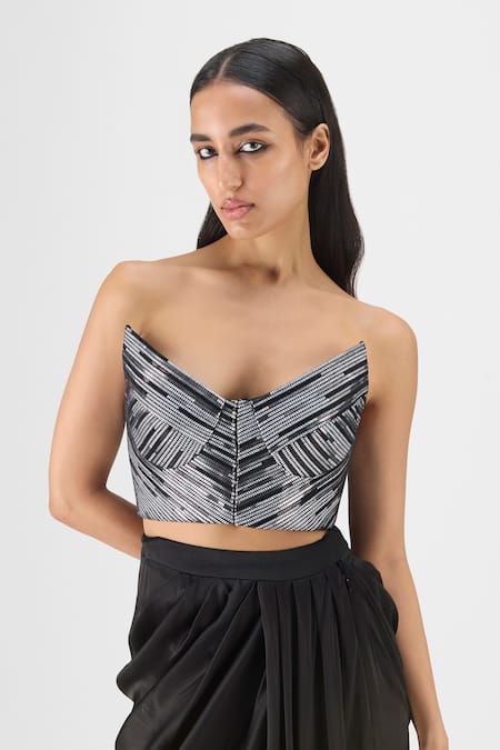 Shop Amit Aggarwal Black Chiffon, Polyester Handwoven Metallic Bustier And Draped Skirt Set Online at Aza Fashions Shop_Amit Aggarwal_Black Chiffon, Polyester Handwoven Metallic Bustier And Draped Skirt Set _Online_at_Aza_Fashions