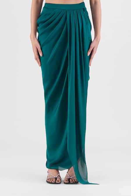 Amit Aggarwal Green Chiffon Sweetheart Neck Handwoven Metallic Bustier And Draped Skirt Set Online at Aza Fashions Amit Aggarwal_Green Chiffon Sweetheart Neck Handwoven Metallic Bustier And Draped Skirt Set _Online_at_Aza_Fashions