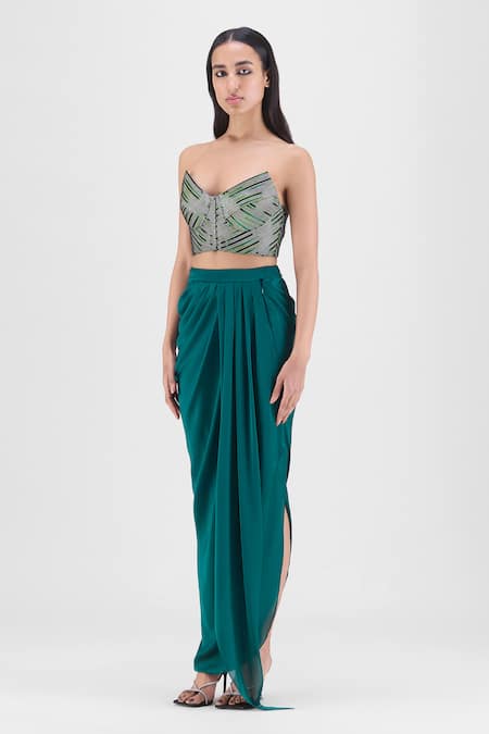 Buy Amit Aggarwal Green Chiffon Sweetheart Neck Handwoven Metallic Bustier And Draped Skirt Set Online at Aza Fashions Buy_Amit Aggarwal_Green Chiffon Sweetheart Neck Handwoven Metallic Bustier And Draped Skirt Set _Online_at_Aza_Fashions