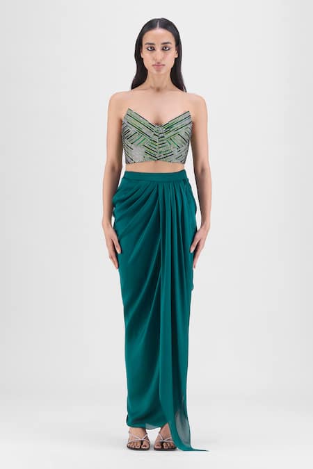 Amit Aggarwal Handwoven Metallic Bustier & Draped Skirt Set
