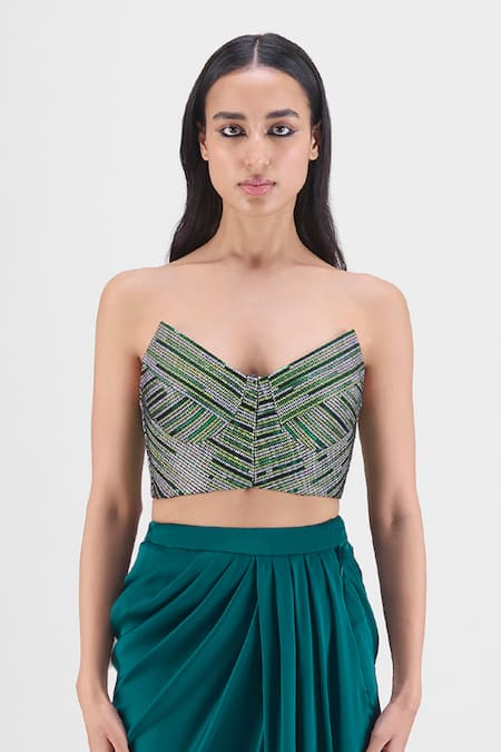 Shop Amit Aggarwal Green Chiffon Sweetheart Neck Handwoven Metallic Bustier And Draped Skirt Set Online at Aza Fashions Shop_Amit Aggarwal_Green Chiffon Sweetheart Neck Handwoven Metallic Bustier And Draped Skirt Set _Online_at_Aza_Fashions