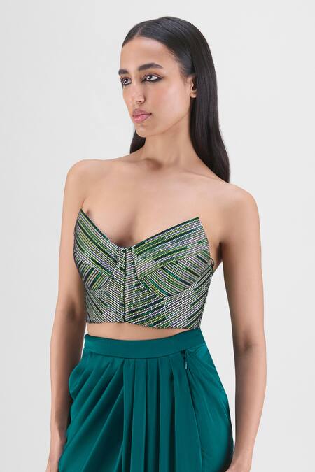 Amit Aggarwal Green Chiffon Sweetheart Neck Handwoven Metallic Bustier And Draped Skirt Set at Aza Fashions Amit Aggarwal_Green Chiffon Sweetheart Neck Handwoven Metallic Bustier And Draped Skirt Set _at_Aza_Fashions