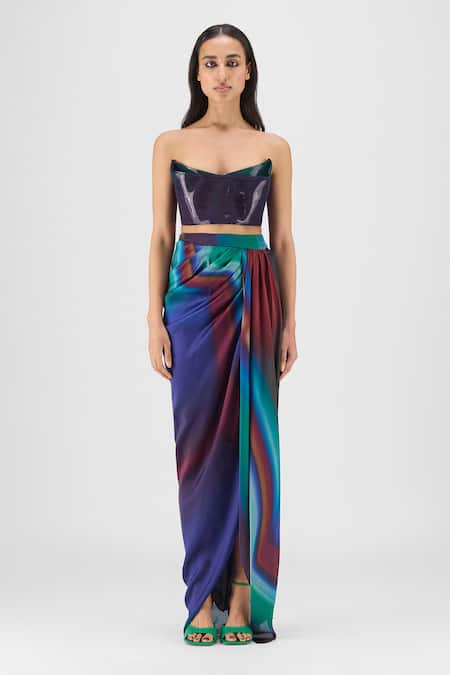 Amit Aggarwal Metallic Watercolor Bustier With Skirt