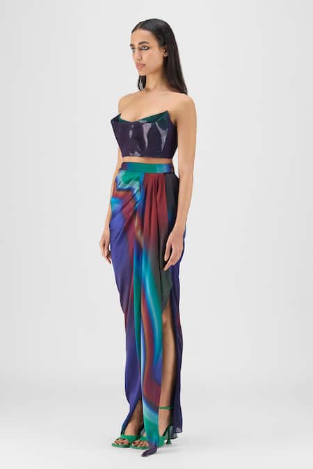 Buy Amit Aggarwal Green Chiffon Sweetheart Neck Metallic Watercolor Bustier With Skirt Online at Aza Fashions Buy_Amit Aggarwal_Green Chiffon Sweetheart Neck Metallic Watercolor Bustier With Skirt _Online_at_Aza_Fashions