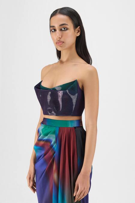 Shop Amit Aggarwal Green Chiffon Sweetheart Neck Metallic Watercolor Bustier With Skirt Online at Aza Fashions Shop_Amit Aggarwal_Green Chiffon Sweetheart Neck Metallic Watercolor Bustier With Skirt _Online_at_Aza_Fashions