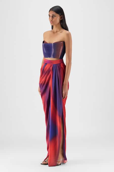 Amit Aggarwal Red Chiffon Bandeau Neck Metallic Watercolor Bustier With Skirt Online at Aza Fashions Amit Aggarwal_Red Chiffon Bandeau Neck Metallic Watercolor Bustier With Skirt _Online_at_Aza_Fashions