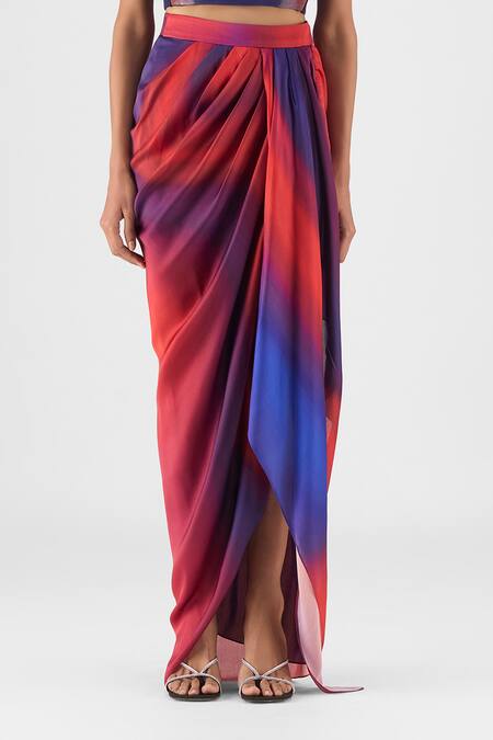 Buy Amit Aggarwal Red Chiffon Bandeau Neck Metallic Watercolor Bustier With Skirt Online at Aza Fashions Buy_Amit Aggarwal_Red Chiffon Bandeau Neck Metallic Watercolor Bustier With Skirt _Online_at_Aza_Fashions