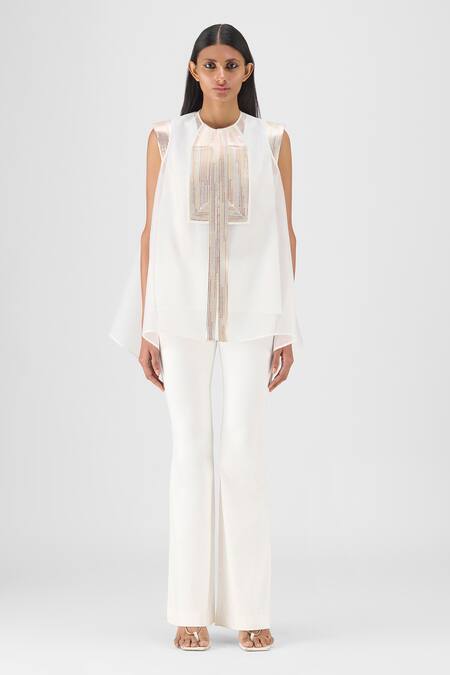Buy_Amit Aggarwal_Off White Organza, Polyester Metallic Thread, Embroidery Round Structured Top _Online_at_Aza_Fashions