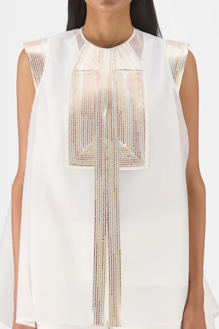 Shop_Amit Aggarwal_Off White Organza, Polyester Metallic Thread, Embroidery Round Structured Top _Online_at_Aza_Fashions