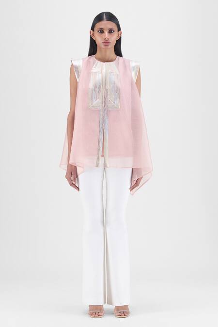 Buy_Amit Aggarwal_Pink Organza, Polyester Metallic Thread Round Neck Structured Top _Online_at_Aza_Fashions
