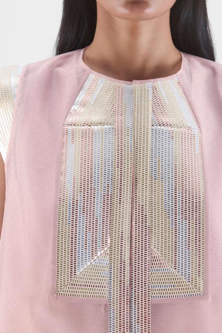 Shop_Amit Aggarwal_Pink Organza, Polyester Metallic Thread Round Neck Structured Top _Online_at_Aza_Fashions