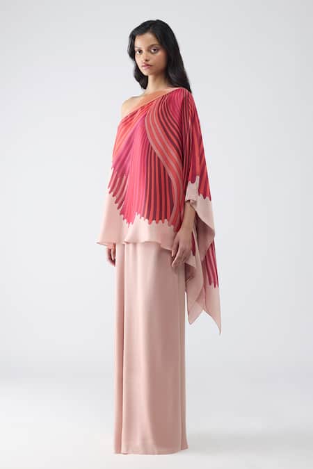 Amit Aggarwal_Blush Chiffon One Shoulder Corded Fish Fin Cape And Pant Set _Online_at_Aza_Fashions