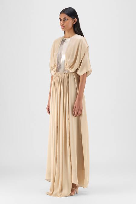 Amit Aggarwal Beige Chiffon, Polyester Round Neck Pleated Layered Dress Online at Aza Fashions Amit Aggarwal_Beige Chiffon, Polyester Round Neck Pleated Layered Dress _Online_at_Aza_Fashions