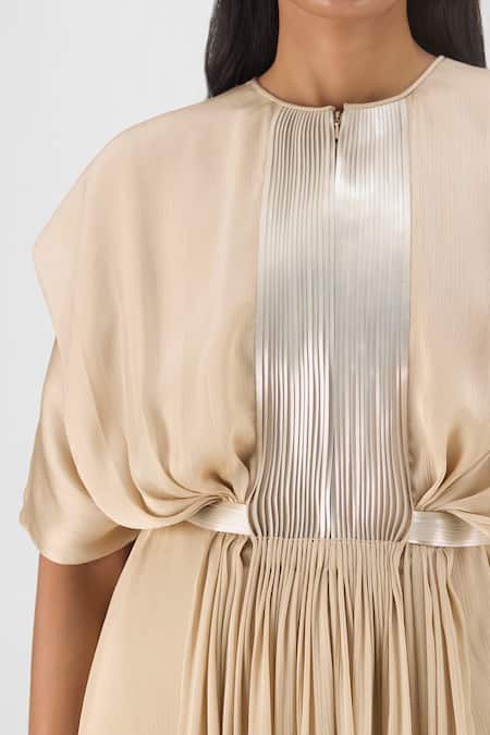 Buy Amit Aggarwal Beige Chiffon, Polyester Round Neck Pleated Layered Dress Online at Aza Fashions Buy_Amit Aggarwal_Beige Chiffon, Polyester Round Neck Pleated Layered Dress _Online_at_Aza_Fashions